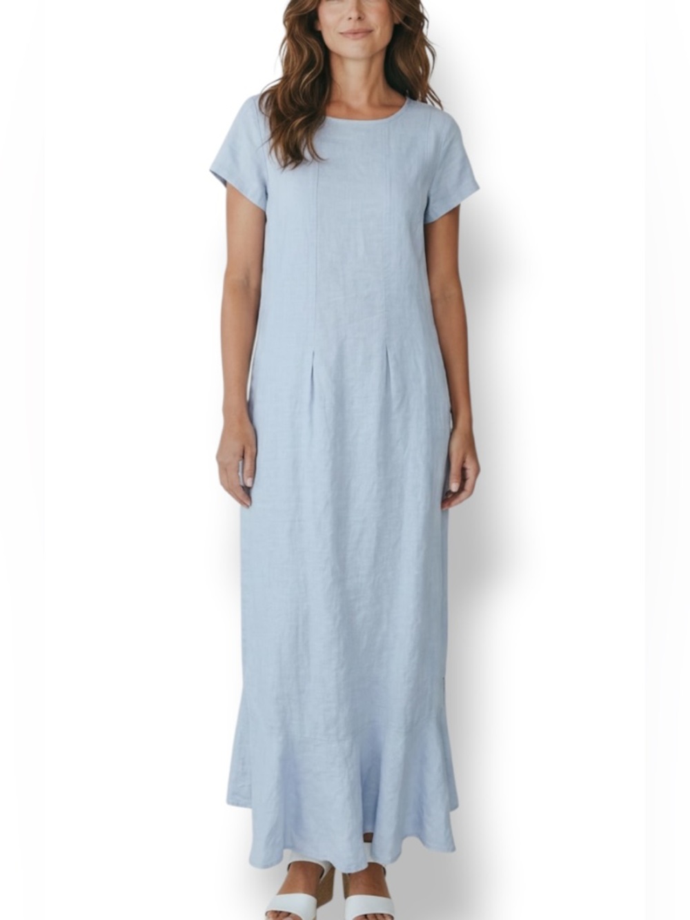 4/$20 Vintage Linen Maxi Dress Light Blue Minimalist Cap Sleeve Shift Dress M
